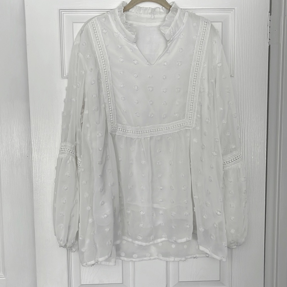 White V-neck Blouse with Polka dots and Lace detailing
